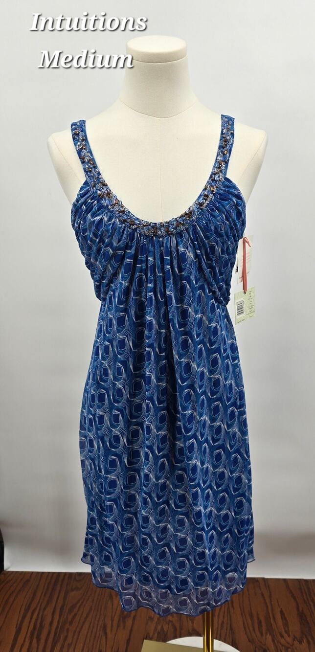 Intuitions Silk Beaded Blue Dress M Boho Resort Vacation Empire Waist Mini NWT‎